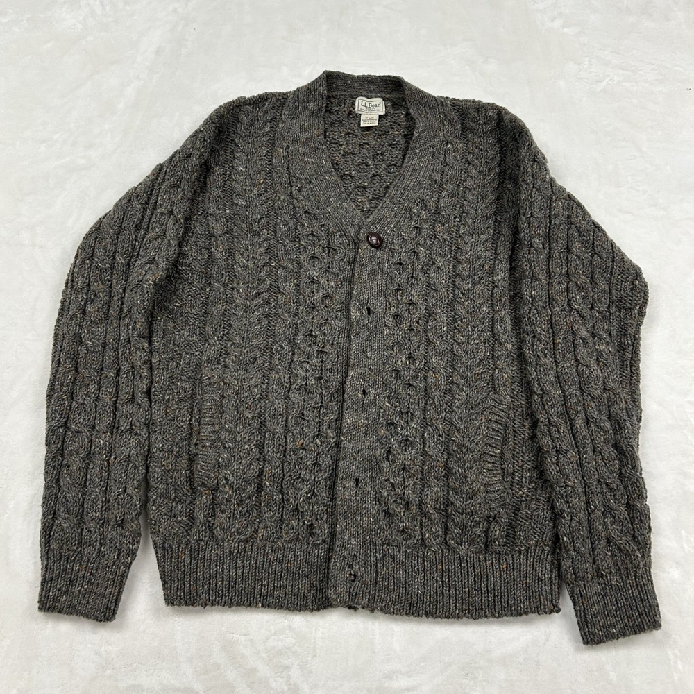 L.L. Bean Cardigan Sweater Mens Large Gray Wool Cable Knit Made in Ireland